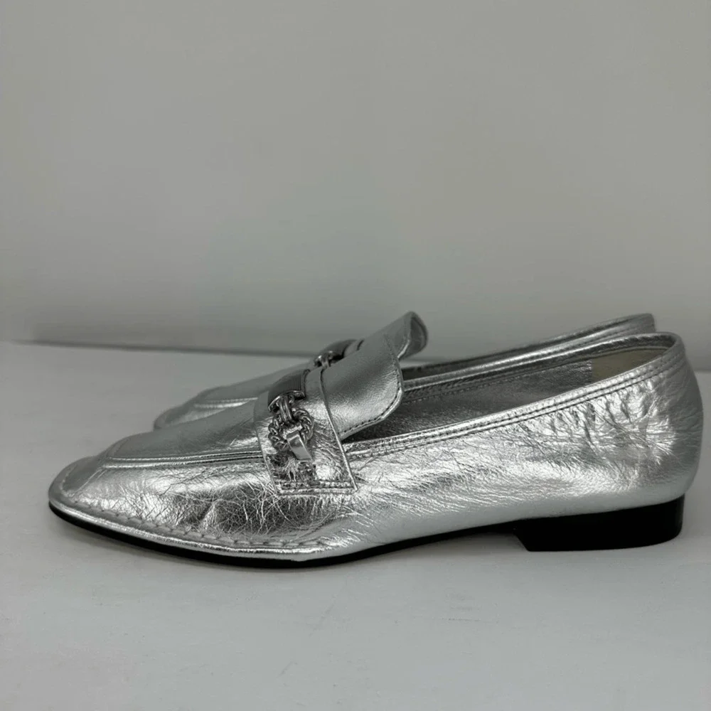 Tory Burch Perrine Metallic Chain Loafers Size 6.5 Silver Leather Flats